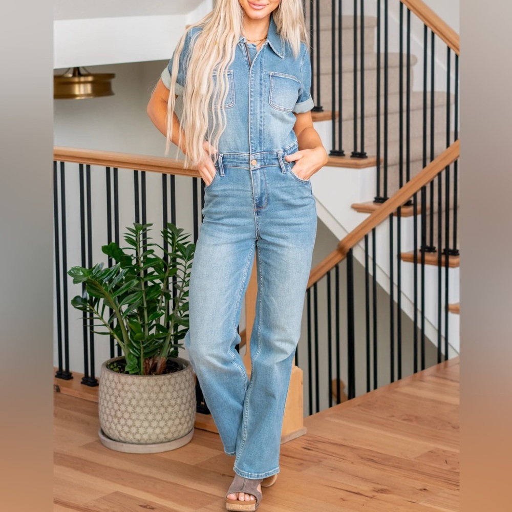 Judy Blue Light Wash Denim Short Sleeve Jumpsuit